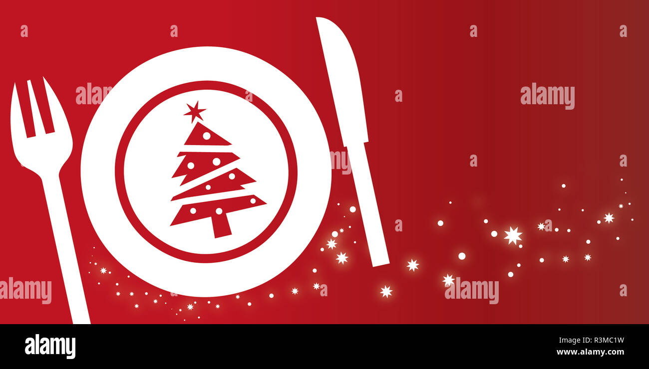 Piatto natalizio composizione su sfondo rosso con stelle scintillanti. Cena di Natale invito Foto Stock