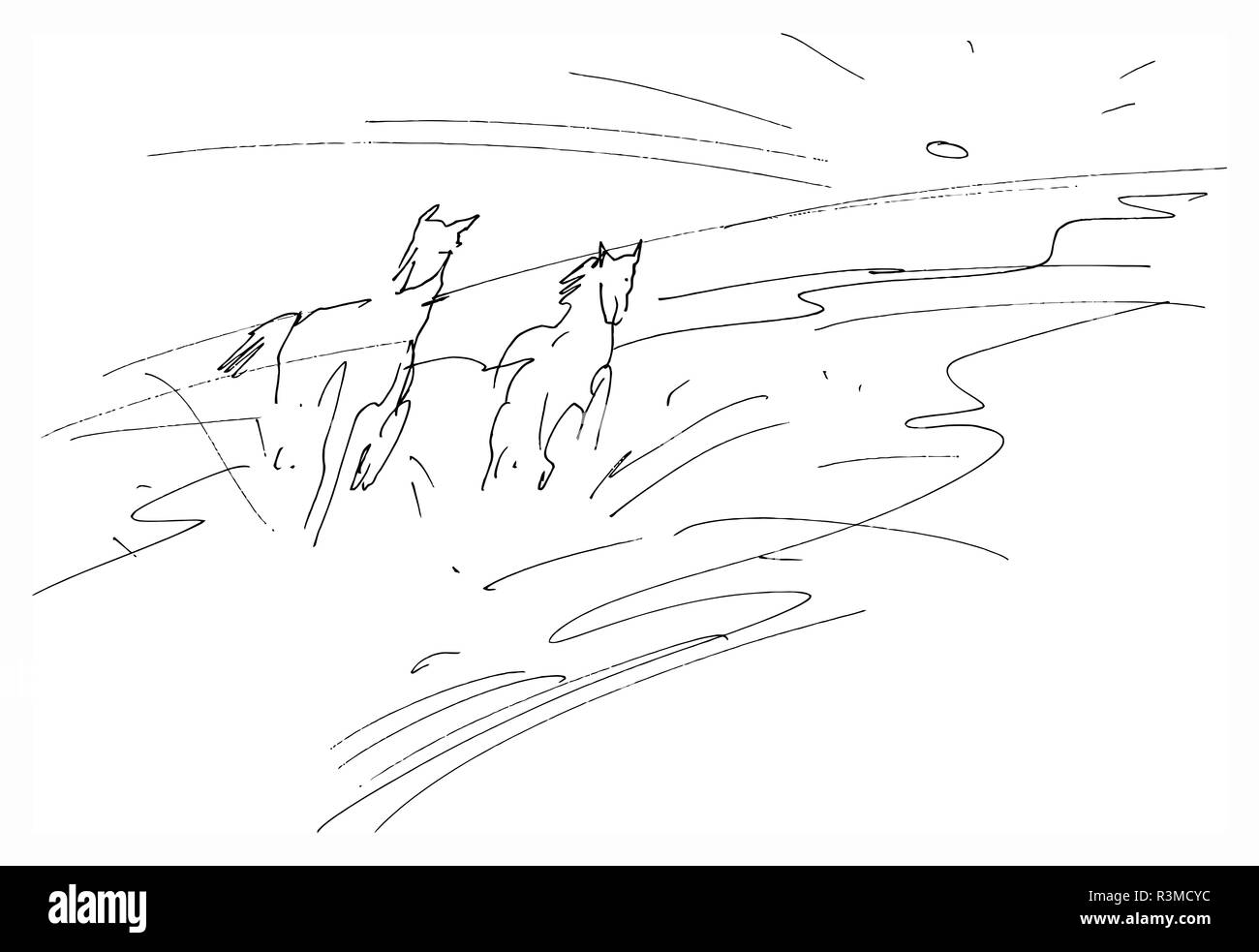 Cavalli in corsa - è rapido disegno a inchiostro e arte grafica Foto Stock