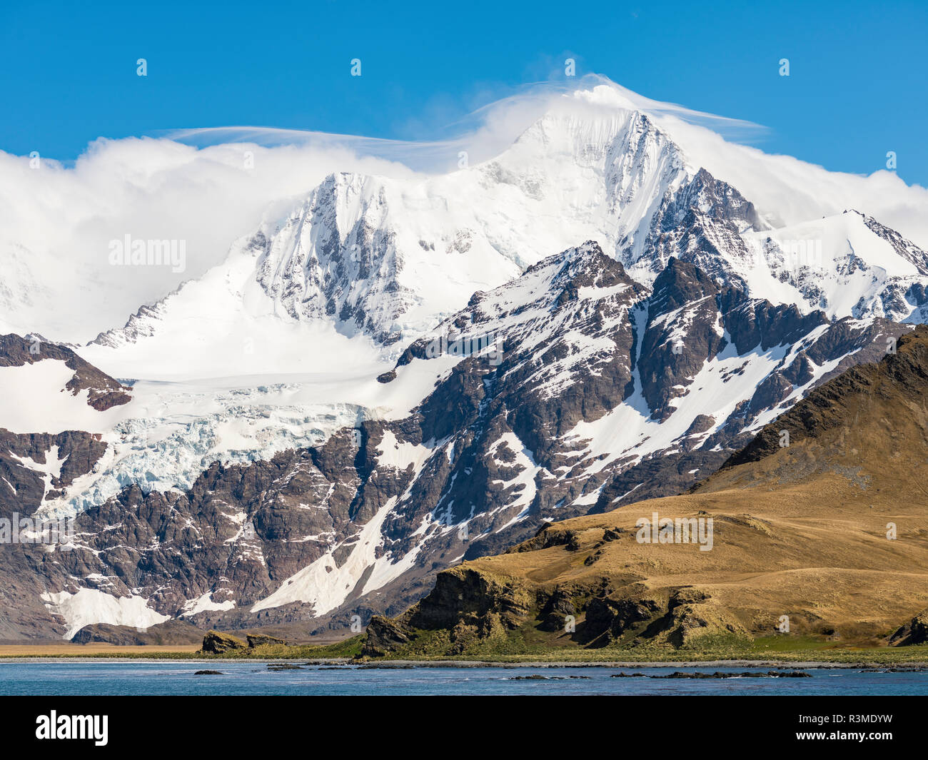 Cumberland East Bay e le montagne della gamma Allardyce. Montare Sugartop. Isola Georgia del Sud Foto Stock