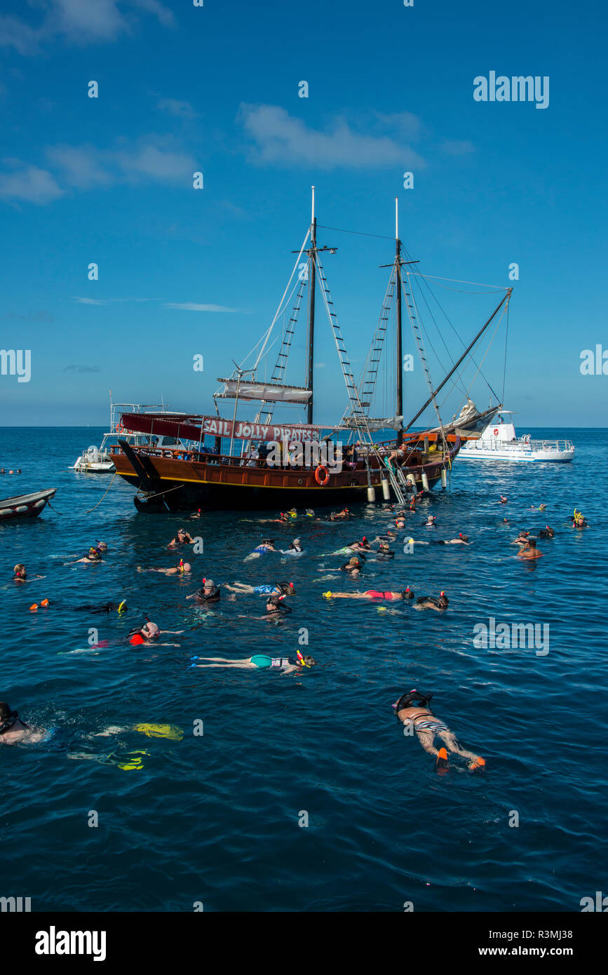 Caraibi, Aruba Oranjestad. I turisti lo snorkeling off il Jolly Pirates in barca attorno a La Antilla naufragio. (Solo uso editoriale) Foto Stock