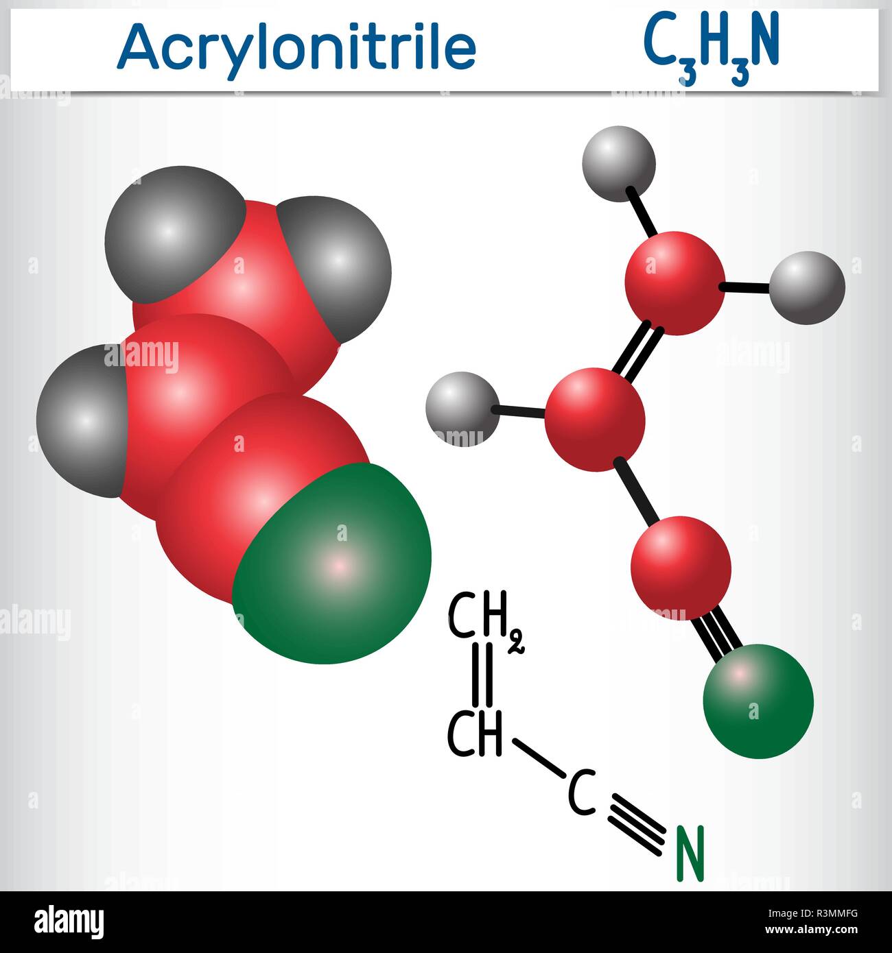 Molecola di acrilonitrile - La formula chimica di struttura e modello.  Utilizzato nella produzione di poliacrilonitrile (PAN) e plastica ABS.illustrazione  vettoriale Immagine e Vettoriale - Alamy