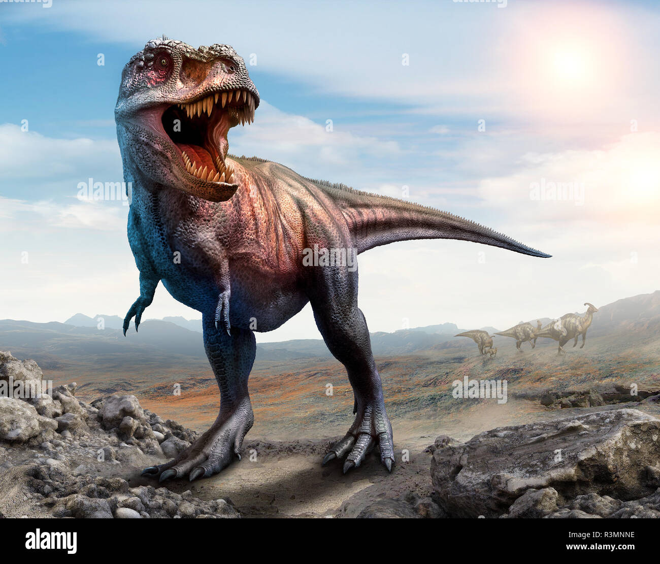 Tyrannosaurus rex scena 3D illustrazione Foto Stock