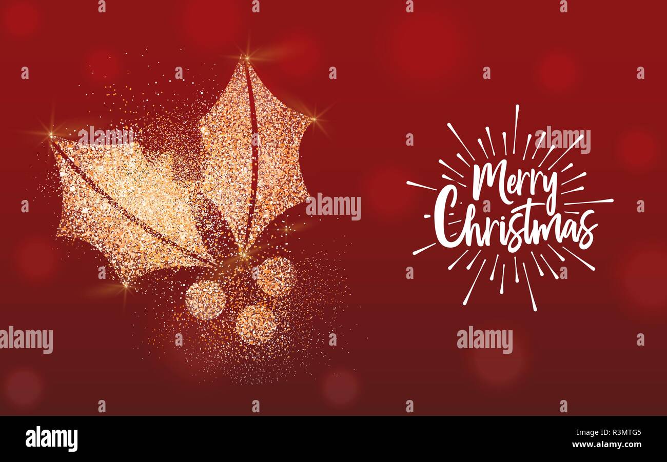Buon Natale di lusso della scheda Messaggi di saluto illustrazione, holly in oro glitter texture festosa su sfondo rosso con testo vacanze preventivo. Illustrazione Vettoriale