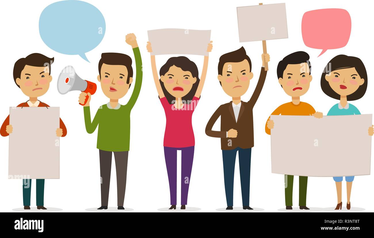 La folla di persone che protestano. Sciopero, concetto di opposizione. Funny cartoon illustrazione vettoriale Illustrazione Vettoriale