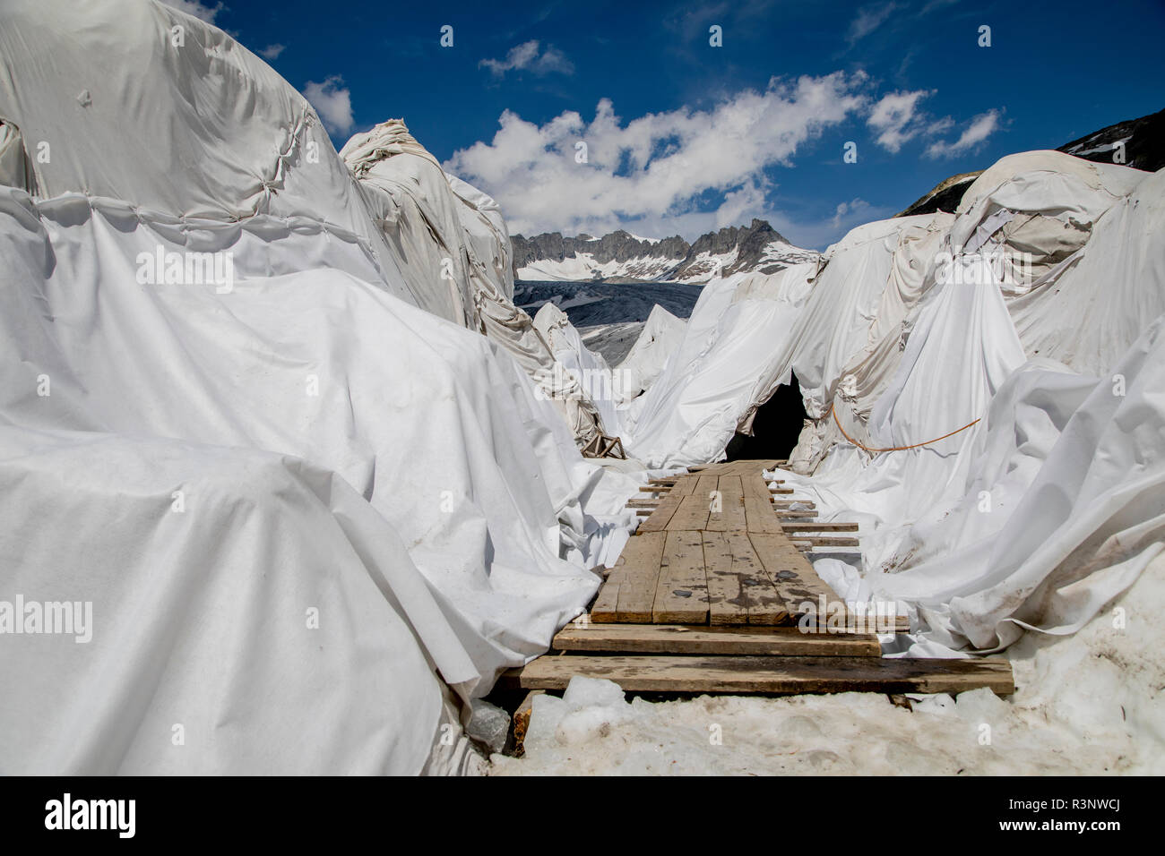 Enormi fogli con coperte in feltro coprono un tunnel di ghiaccio alla foce del Ghiacciaio del Rodano in Svizzera. Dopo un inverno con quantità record di neve, la maggior parte di esso è andato quando questa imae è stata presa il 14 luglio 2018, esponendo il ghiaccio più scuro. Mentre la neve è un brillante riflettore dell'energia del sole, il ghiaccio più scuro assorbe invece l'energia, accelerando la fusione del ghiacciaio. Il colore e l'oscurità del ghiaccio del ghiacciaio variano in tutto il mondo, a seconda dell'accumulo di inquinamento, dell'età del ghiaccio, delle particelle raccolte dal ghiaccio e dai microrganismi presenti nel ghiaccio. Il ghiaccio del ghiacciaio è tuttavia raramente wh Foto Stock