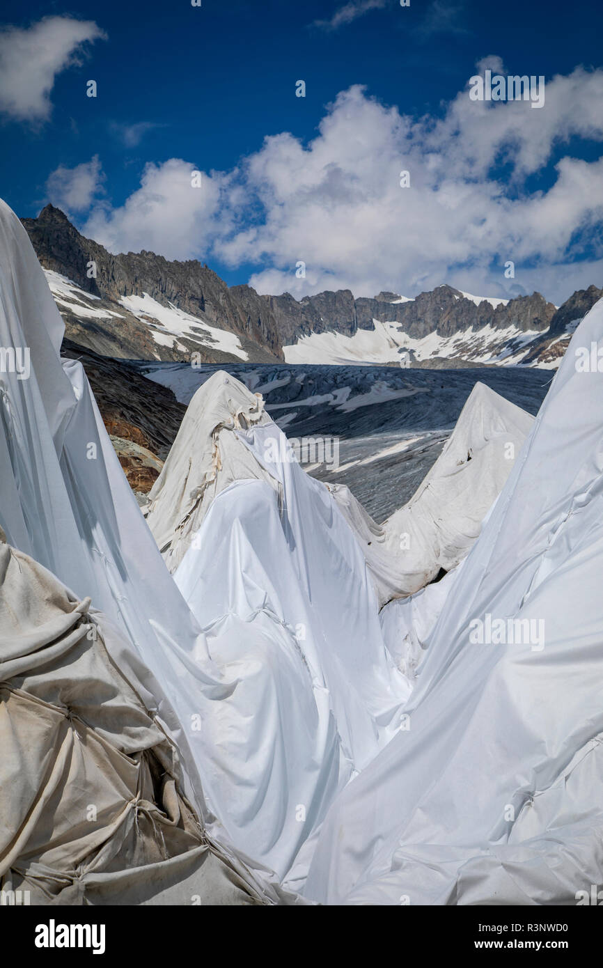 Enormi fogli con coperte in feltro coprono un tunnel di ghiaccio alla foce del Ghiacciaio del Rodano in Svizzera. Dopo un inverno con quantità record di neve, la maggior parte di esso è andato quando questa imae è stata presa il 14 luglio 2018, esponendo il ghiaccio più scuro. Mentre la neve è un brillante riflettore dell'energia del sole, il ghiaccio più scuro assorbe invece l'energia, accelerando la fusione del ghiacciaio. Il colore e l'oscurità del ghiaccio del ghiacciaio variano in tutto il mondo, a seconda dell'accumulo di inquinamento, dell'età del ghiaccio, delle particelle raccolte dal ghiaccio e dai microrganismi presenti nel ghiaccio. Il ghiaccio del ghiacciaio è tuttavia raramente wh Foto Stock