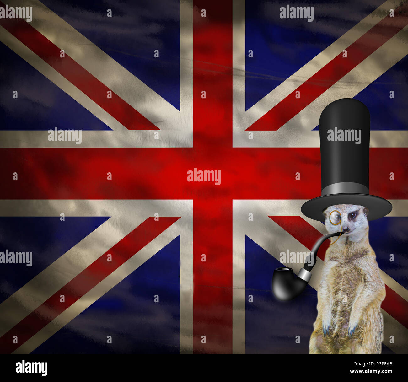 Vecchio retrò concetto inglese di un divertente suricate elegante  indossando un cappello a cilindro isolato su uno sfondo con la bandiera  dell'inghilterra Foto stock - Alamy