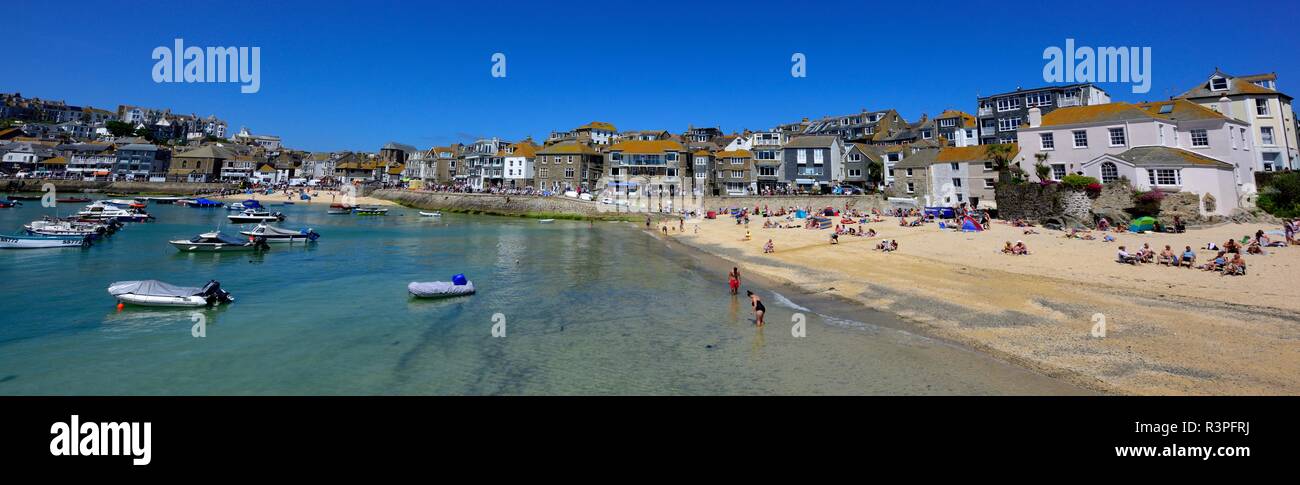 St Ives,Harbour beach,panoramico pano,Cornwall,l'Inghilterra,UK Foto Stock