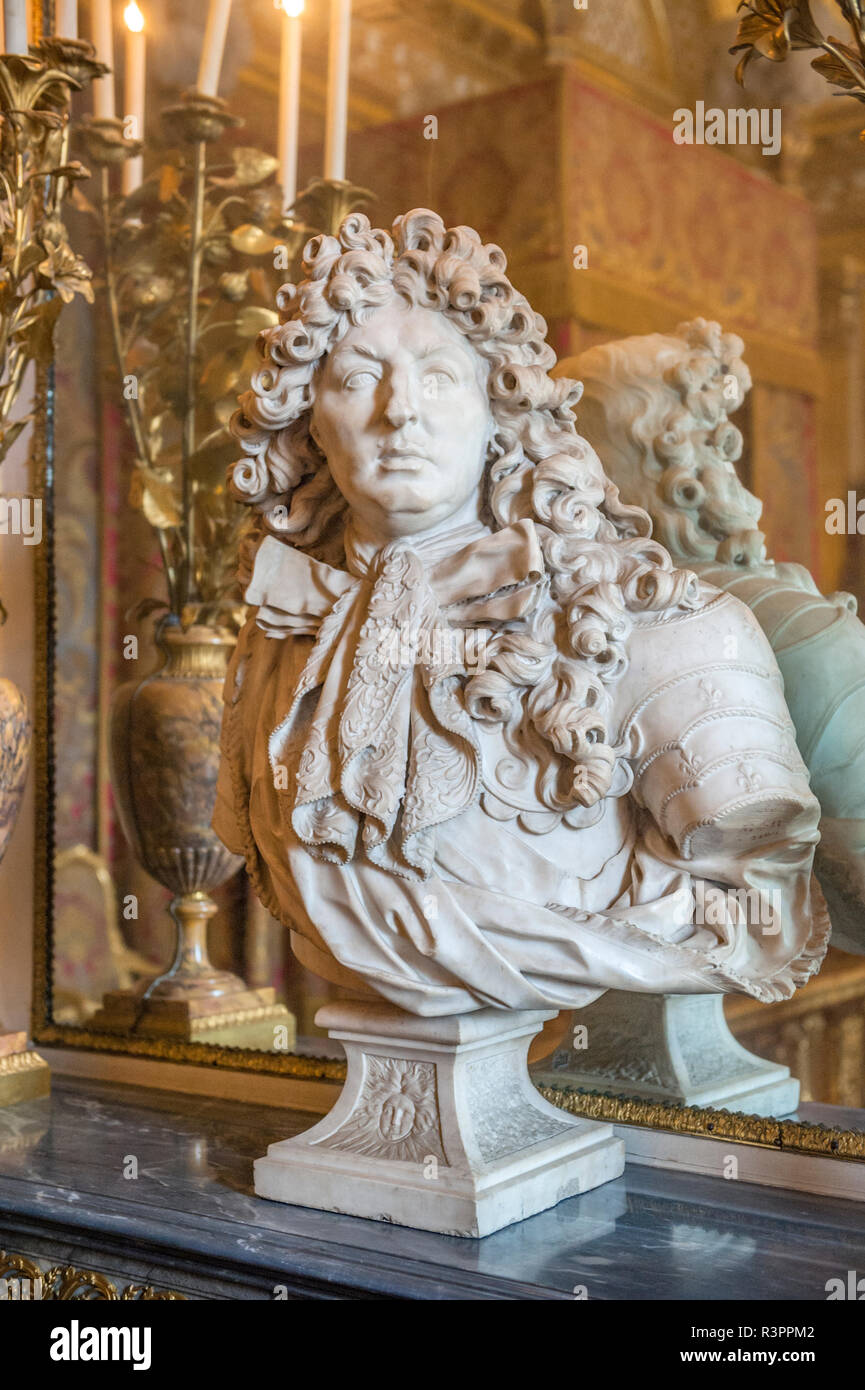 Busto di Luigi XIV, il Palazzo di Versailles, Francia Foto Stock
