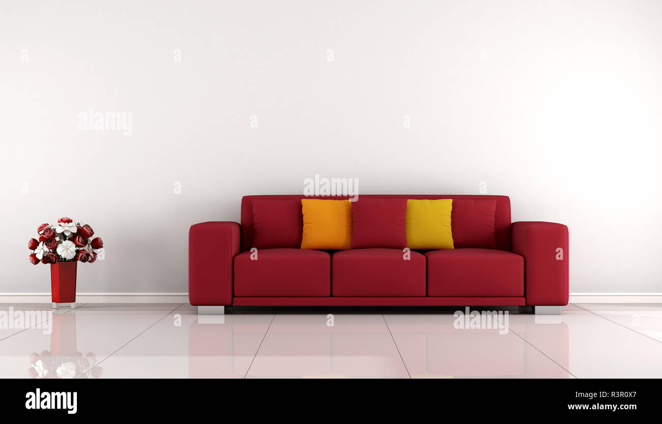 Minimalista sala soggiorno con divano rosso Foto Stock