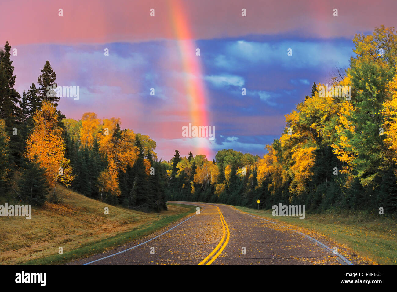 Canada, Saskatchewan, Prince Albert Parco Nazionale. Arcobaleno dopo la tempesta. Foto Stock