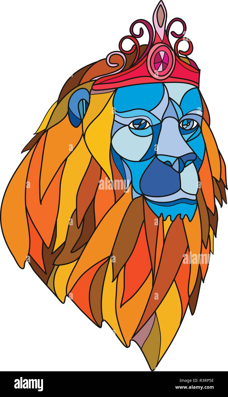 Mosaico di basso Stile del poligono illustrazione di un leone con grande mane indossa una tiara corona se visto dalla parte anteriore sulla isolato sfondo bianco a colori. Illustrazione Vettoriale