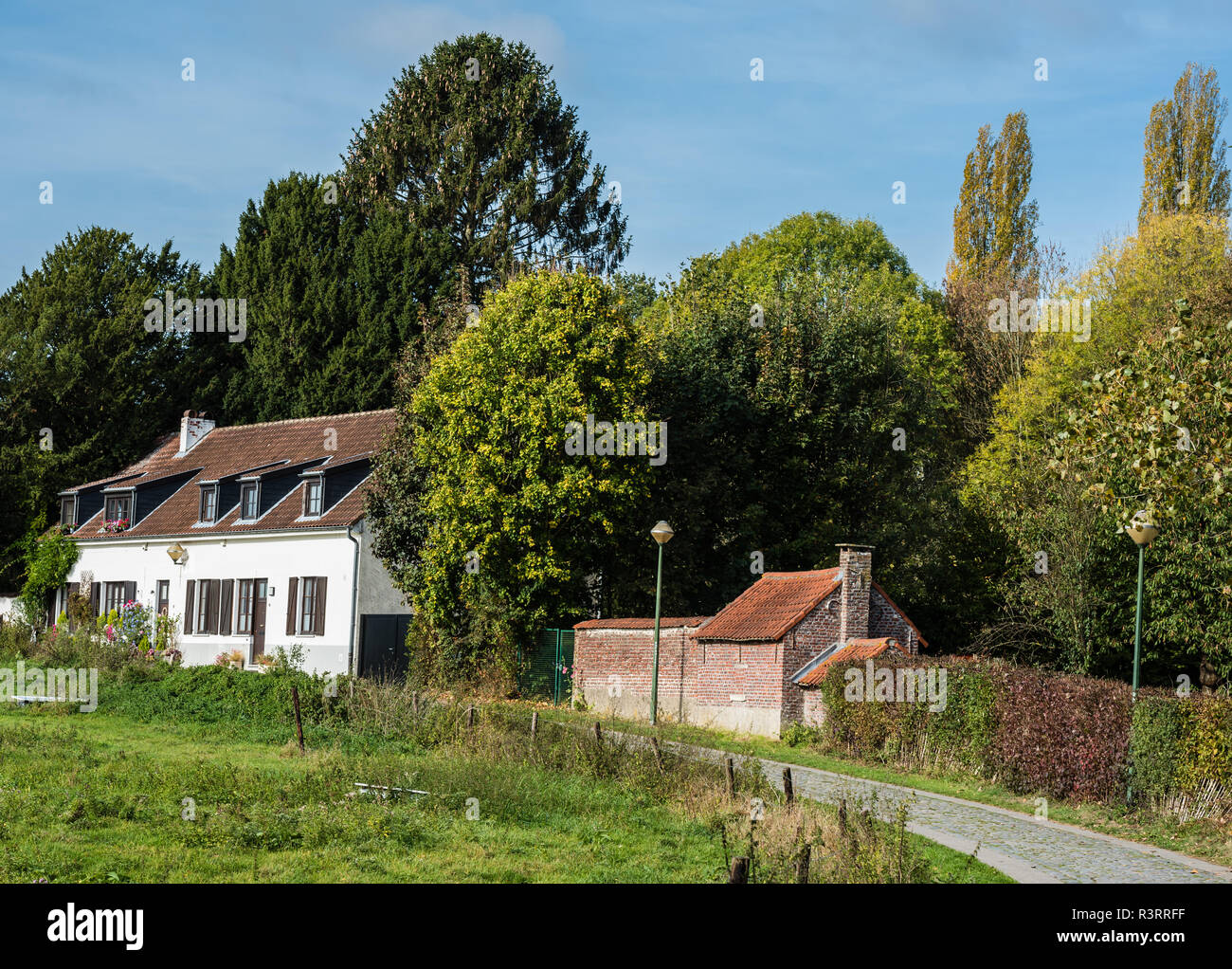 La vista su una strada pedonale attraverso il parco Boudewijn in Jette, Bruxelles, Belgio Foto Stock