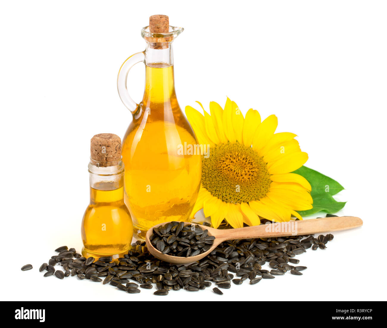 Olio di semi di girasole, semi e fiori isolati su sfondo bianco Foto Stock