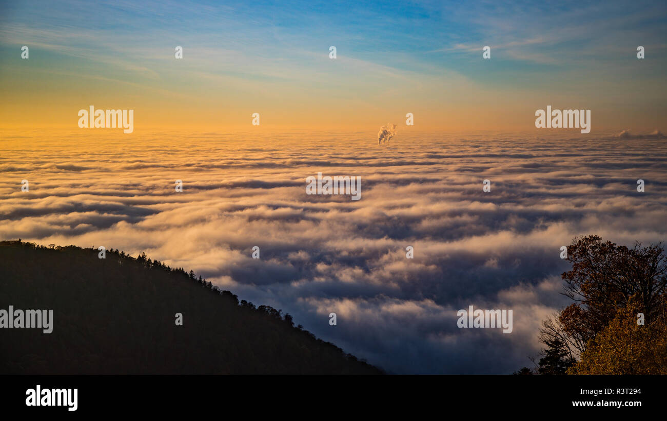 Mare di nebbia con low-hanging nuvole nel della pianura del Reno superiore si vede dal Königstuhl lookout point, Heidelberg, Baden-Wuerttemberg, Germania Foto Stock