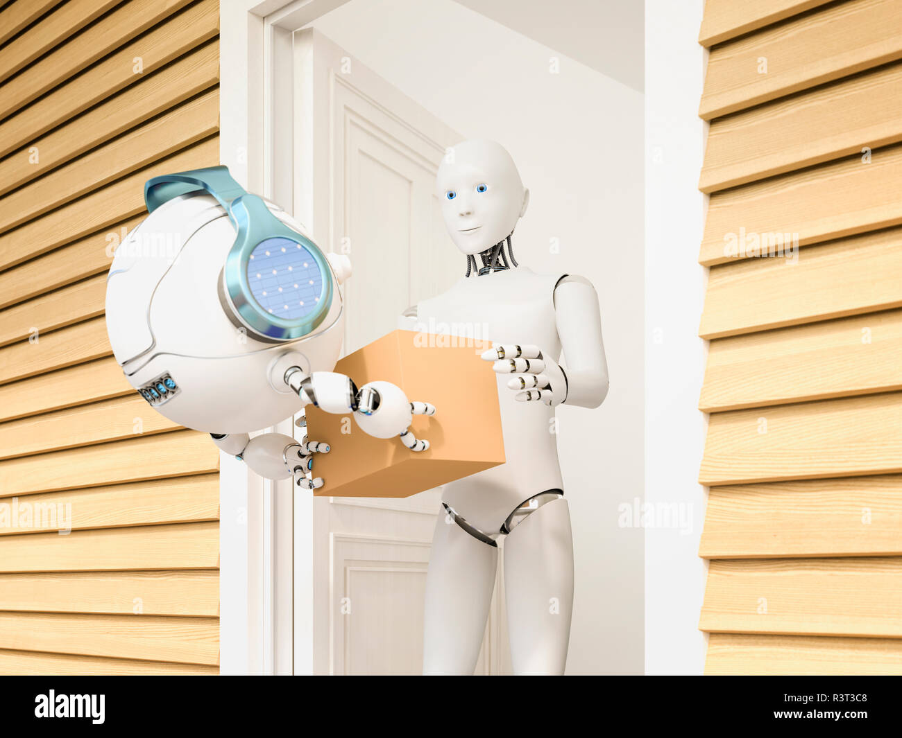 3D Rendering, piccolo drone di consegnare il pacco ad un robot Foto Stock