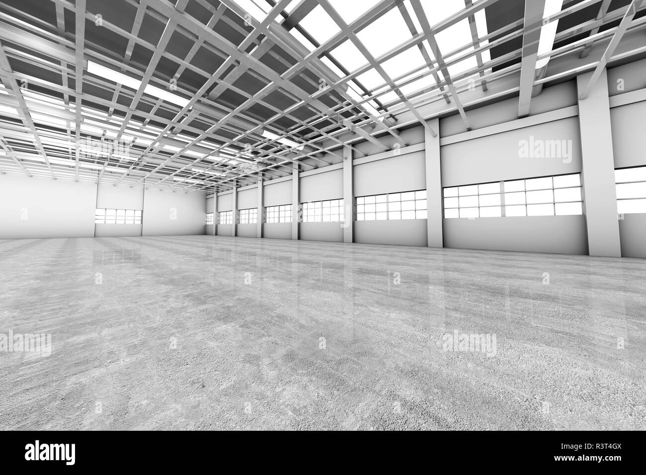 Visualizzazione di architettura di un magazzino vuoto, rendering 3D Foto Stock