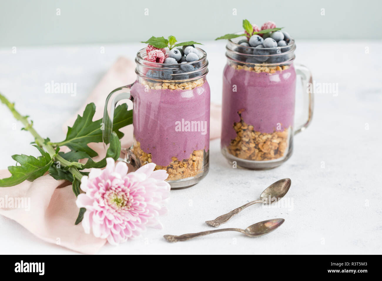 Due bicchieri di yogurt con muesli di arachidi, aronia polvere e topping di granella di nocciole e frutti di bosco surgelati Foto Stock
