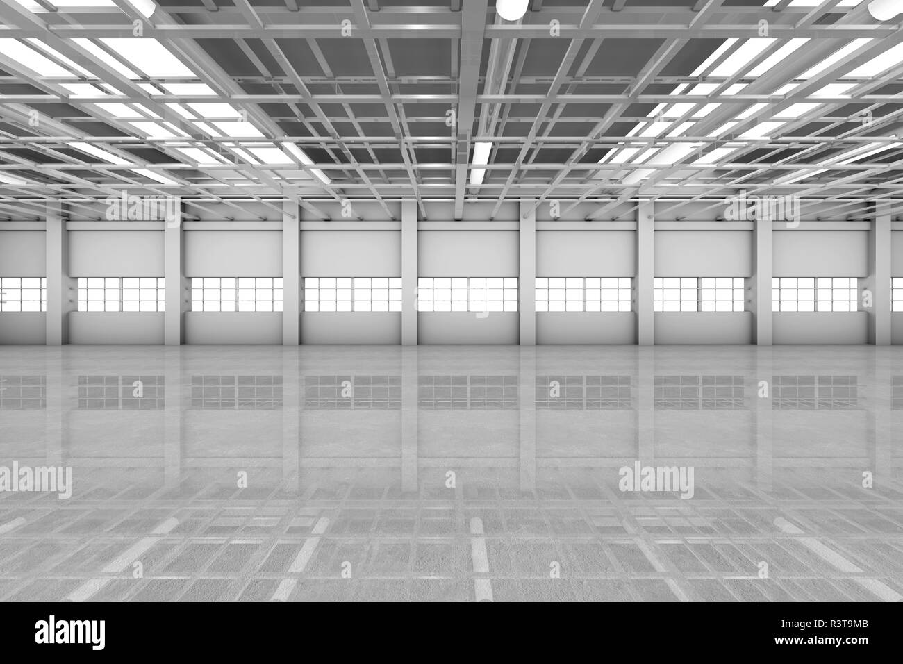 Visualizzazione di architettura di un magazzino vuoto, rendering 3D Foto Stock