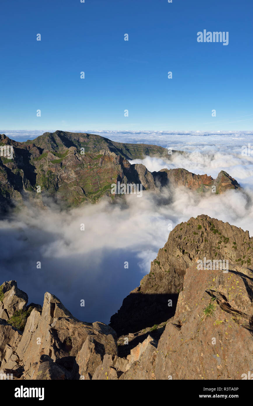 Madera, Pico Ruivo, mare di nuvole sotto i picchi di montagna visto da Pico do Areeiro Foto Stock