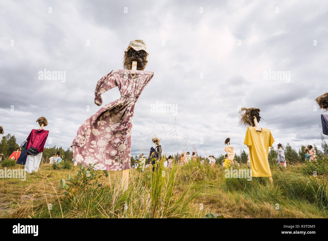 Finlandia, Suomussalmi, il popolo silenzioso, arte progetto con la folla di spaventare i corvi Foto Stock