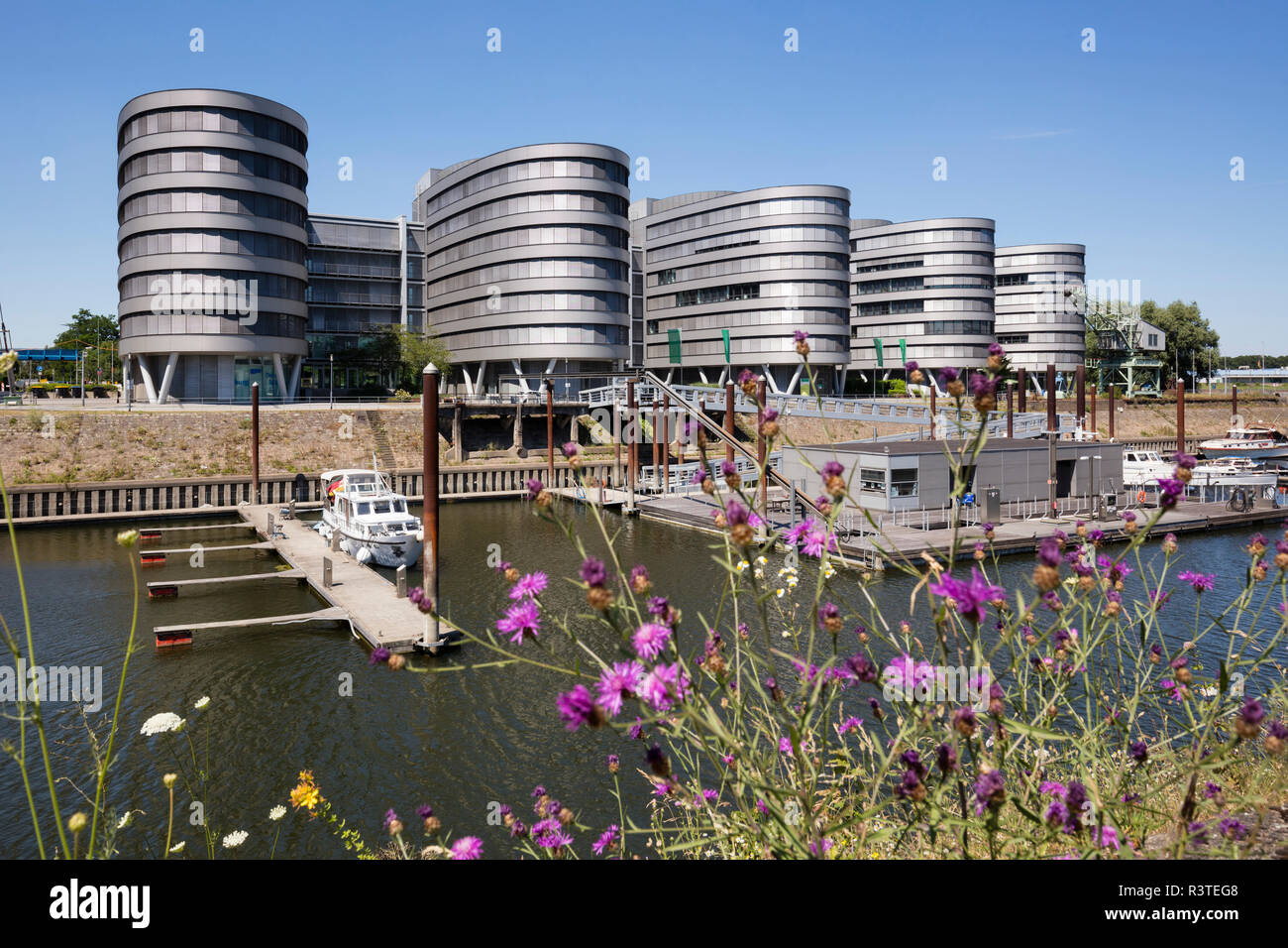 Germania, Duisburg, vista di edifici per uffici 'cinque barche' al porto interno Foto Stock