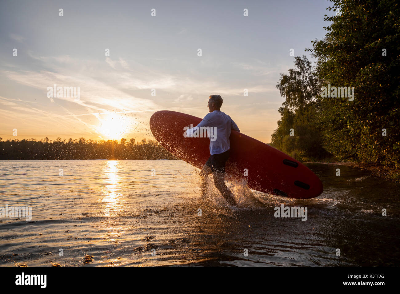 Uomo con paddleboard camminare verso il lago dal tramonto Foto Stock