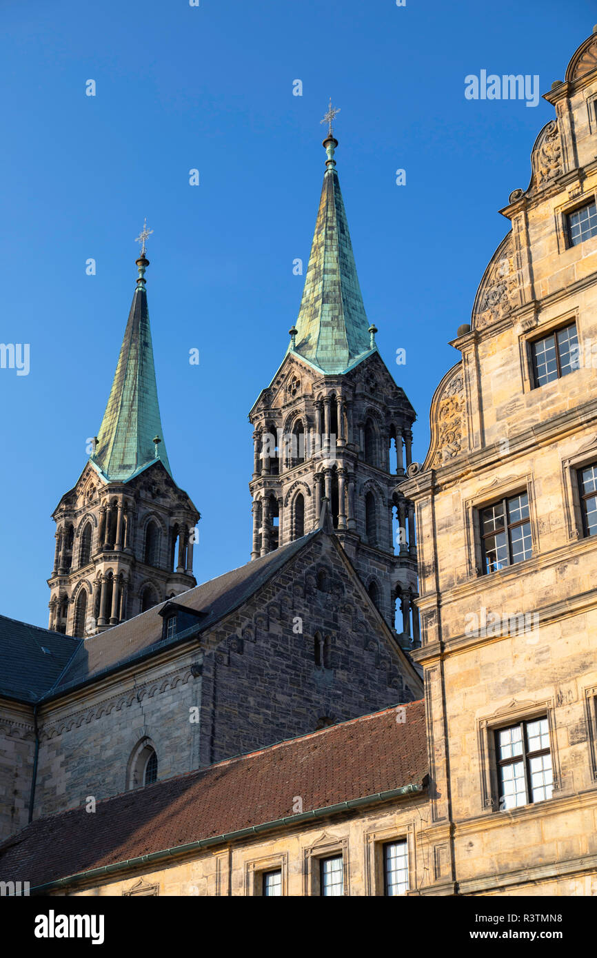 Kaiserdom (cattedrale imperiale) e Ratsstube Historiches Museum, Bamberg (Patrimonio Mondiale dell'UNESCO), Baviera, Germania Foto Stock