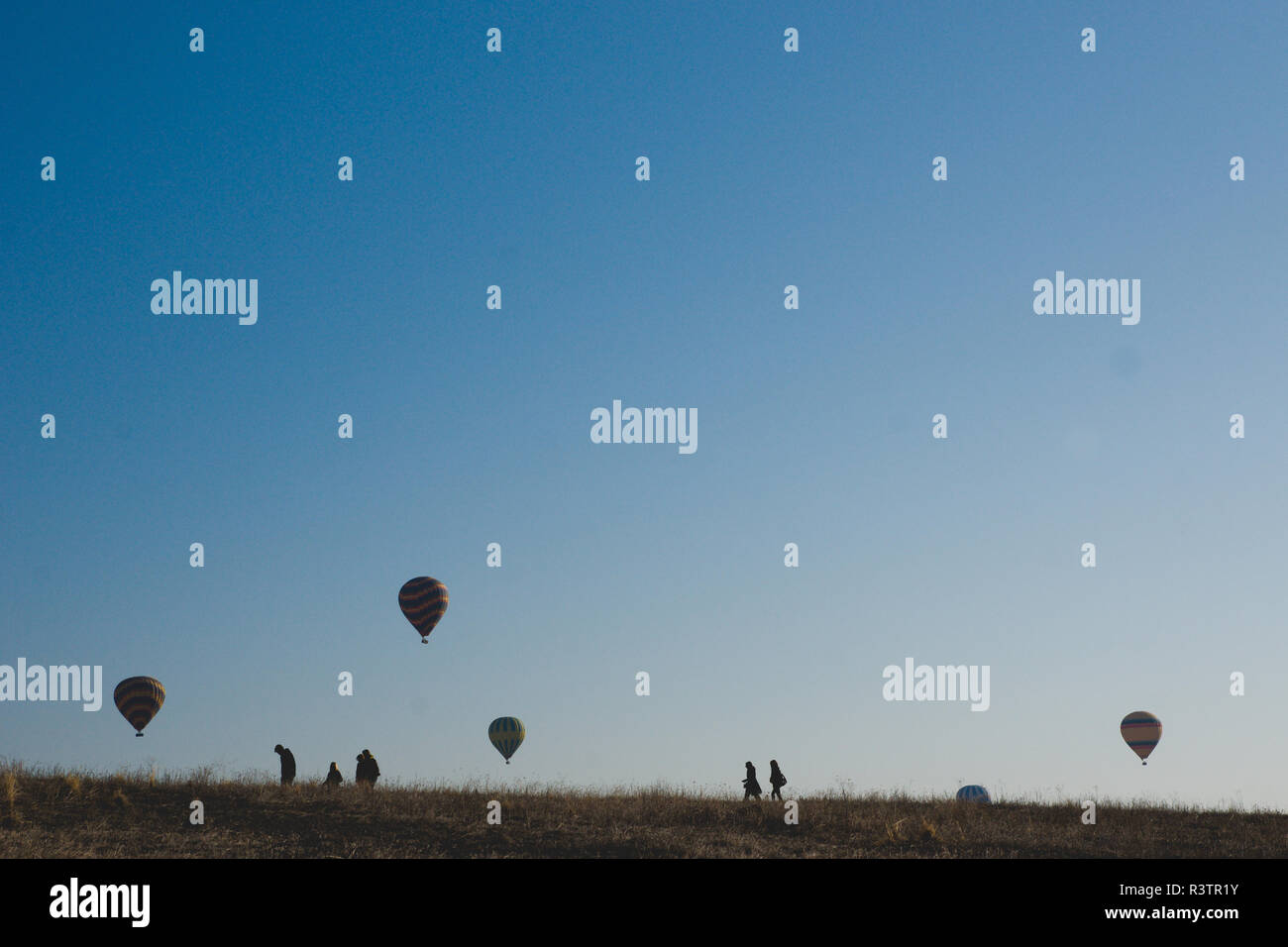 Goreme, Turchia - Aprile 4, 2012: i palloni ad aria calda per i turisti volare sopra le formazioni rocciose a sunrise nella valle della Cappadocia. Foto Stock