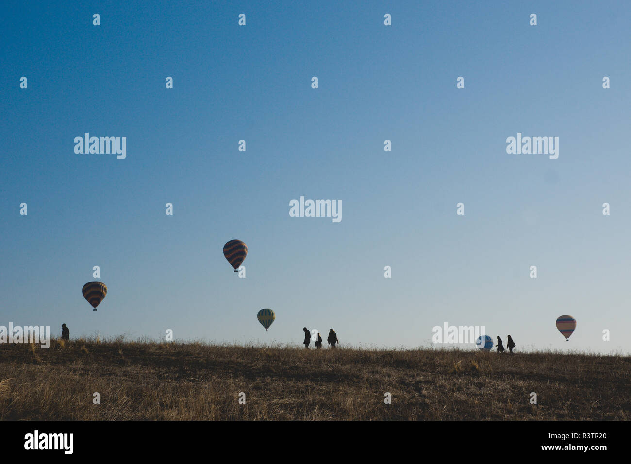 Goreme, Turchia - Aprile 4, 2012: i palloni ad aria calda per i turisti volare sopra le formazioni rocciose a sunrise nella valle della Cappadocia. Foto Stock