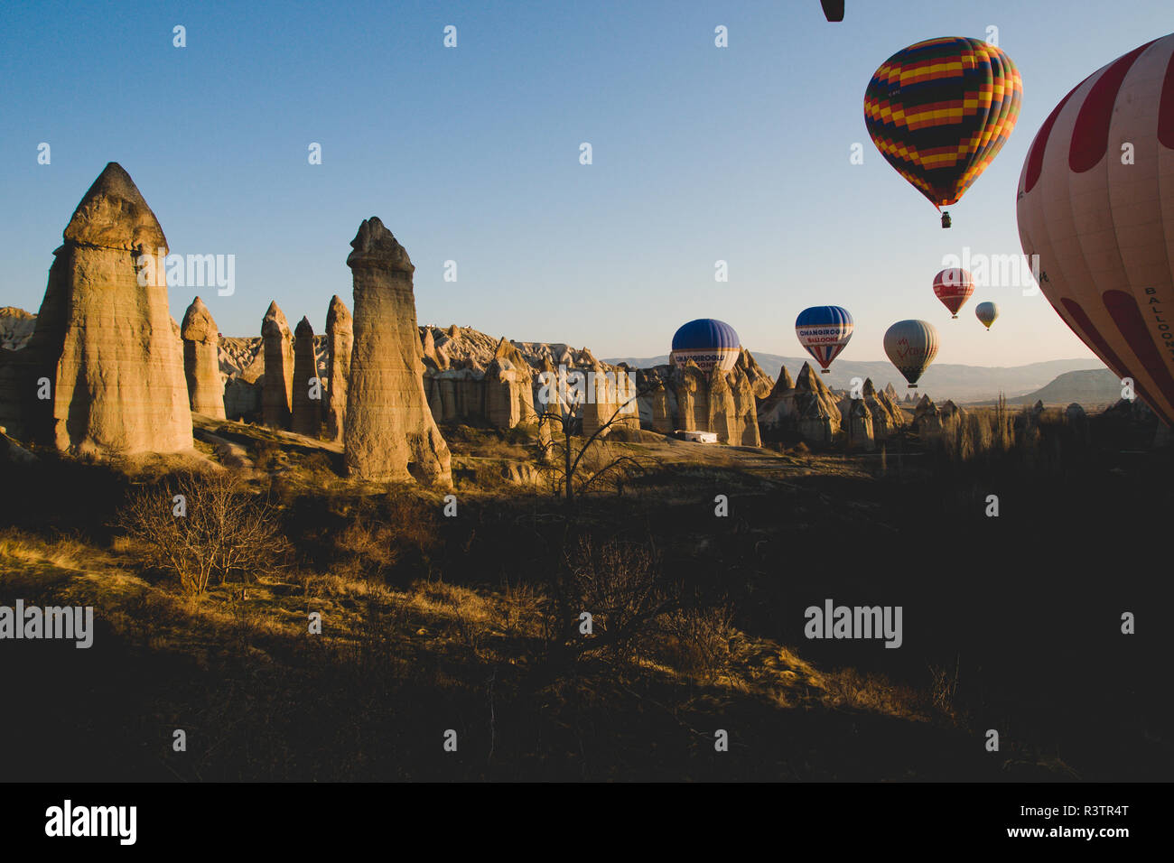 Goreme, Turchia - Aprile 4, 2012: i palloni ad aria calda per i turisti volare sopra le formazioni rocciose a sunrise nella valle della Cappadocia. Foto Stock