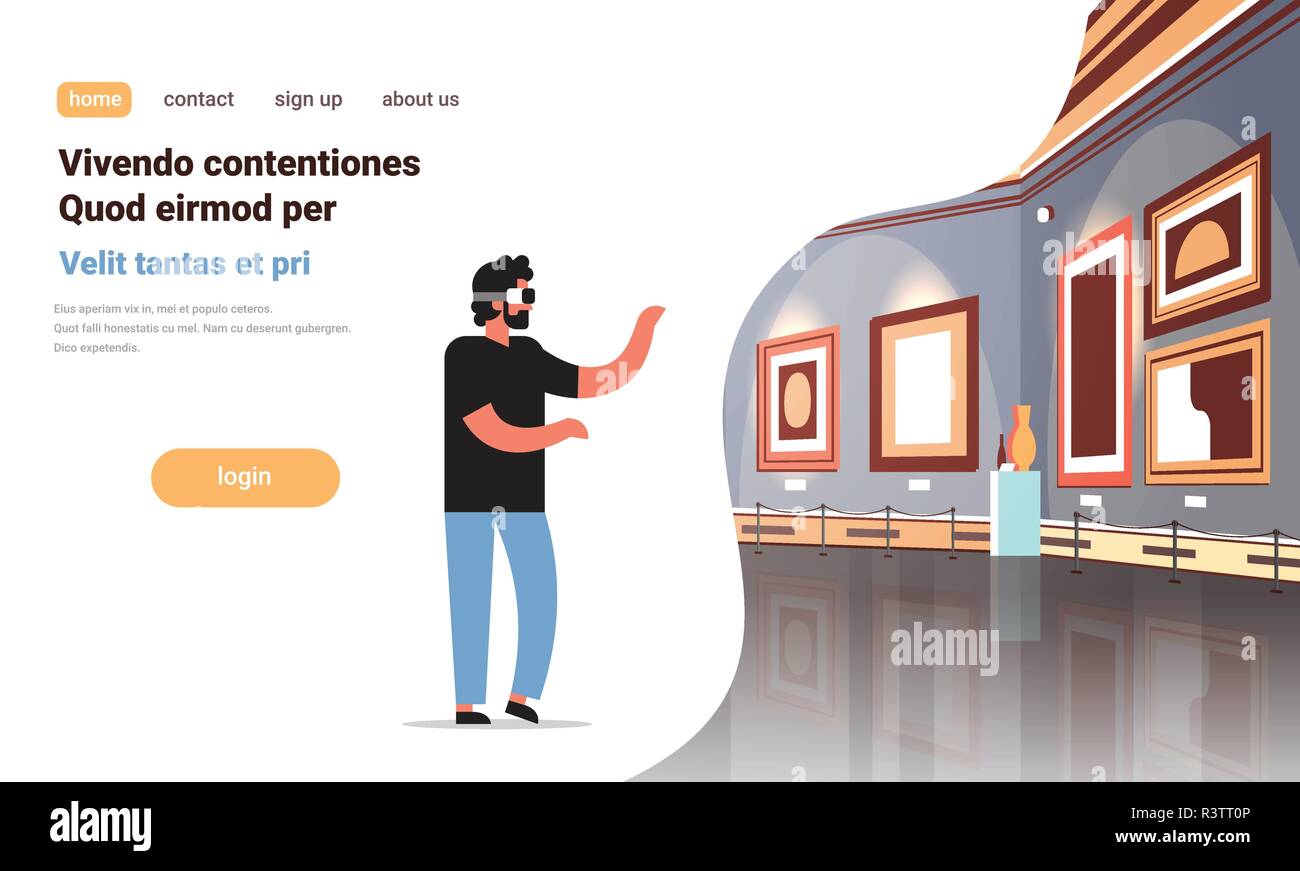 L'uomo indossare occhiali digitale la realtà virtuale galleria d'arte museo creativi interni dipinti di arte contemporanea di opere d'arte o presenta vr auricolare il concetto di tecnologia flat spazio di copia Illustrazione Vettoriale