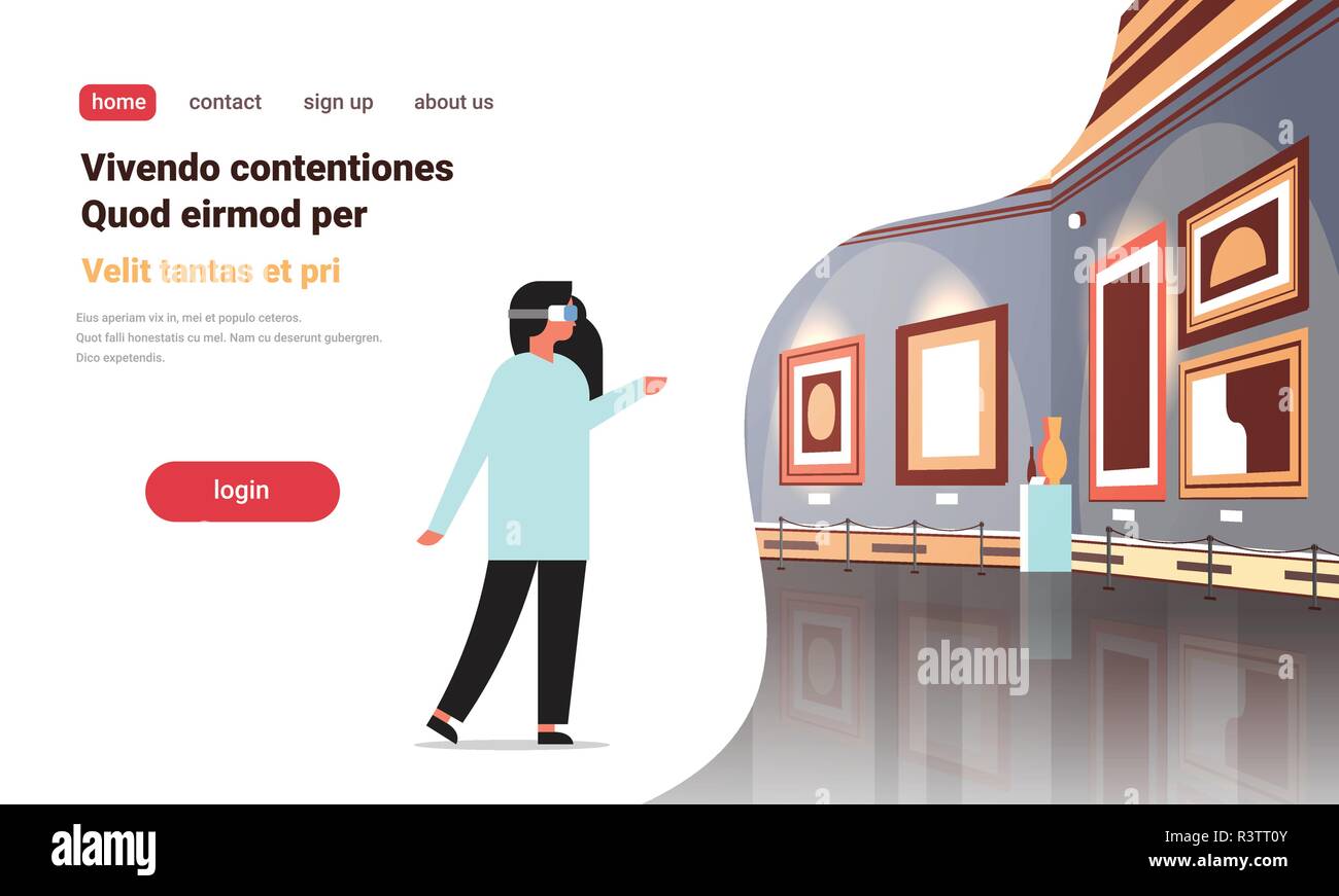 Donna indossare occhiali digitale la realtà virtuale galleria d'arte museo creativi interni dipinti di arte contemporanea di opere d'arte o presenta vr auricolare il concetto di tecnologia flat spazio di copia Illustrazione Vettoriale