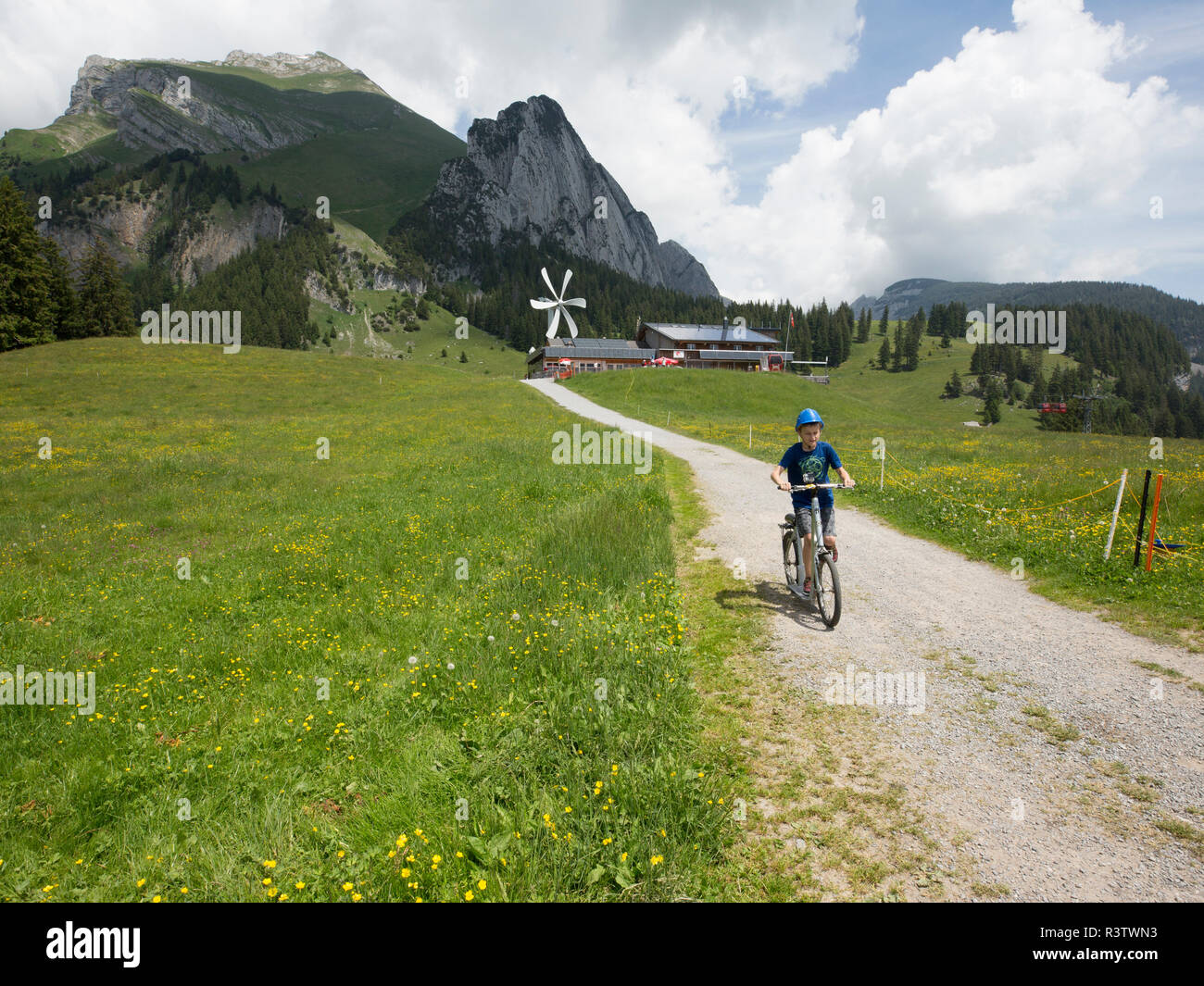 Ragazzo di equitazione scooter per gravità verso il basso Alpi Svizzere. (MR) Foto Stock