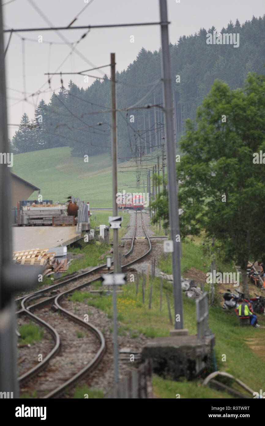 Treno locale che arrivano nel piccolo villaggio svizzero di Appenzell, Svizzera Foto Stock