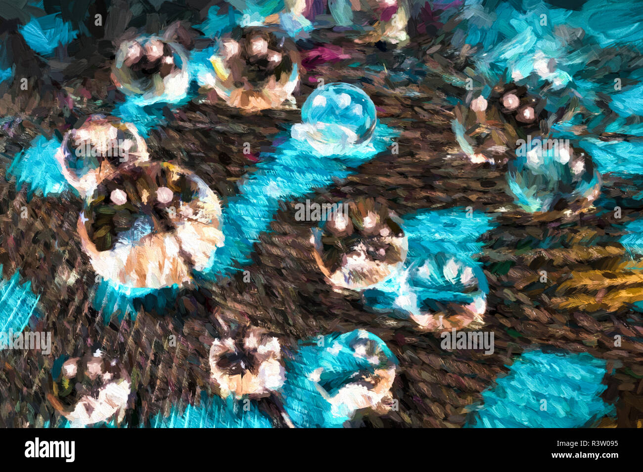 Le goccioline di acqua su giù. Piume colorate. Foto Stock