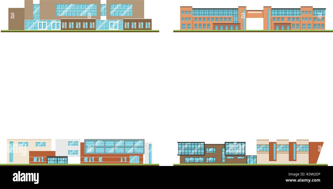 Set di ufficio moderno o edificio scolastico e ambiente con tree, recinzioni e strade isometrica di università o edificio moderno e architettura, piatto Illustrazione Vettoriale