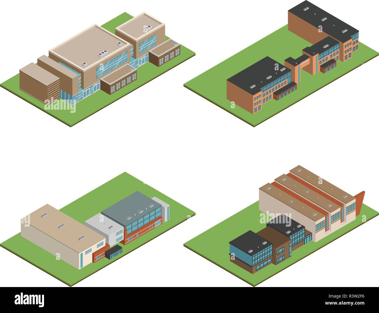 Set di 3D ufficio moderno o edificio scolastico e ambiente con tree, recinzioni e strade isometrica di università o edificio moderno e architettura, Fl Illustrazione Vettoriale