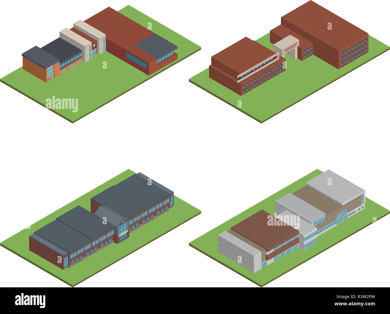 Set di 3D ufficio moderno o edificio scolastico e ambiente con tree, recinzioni e strade isometrica di università o edificio moderno e architettura, Fl Illustrazione Vettoriale