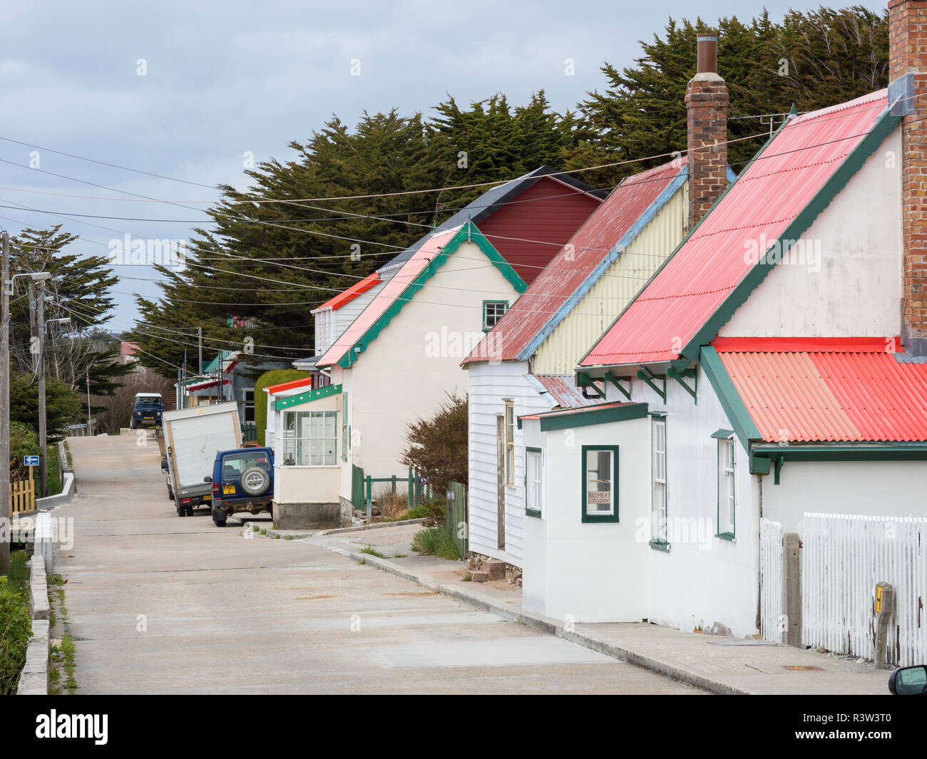 I coloni cottages, la città vecchia di Stanley, capitale delle Isole Falkland. (Solo uso editoriale) Foto Stock