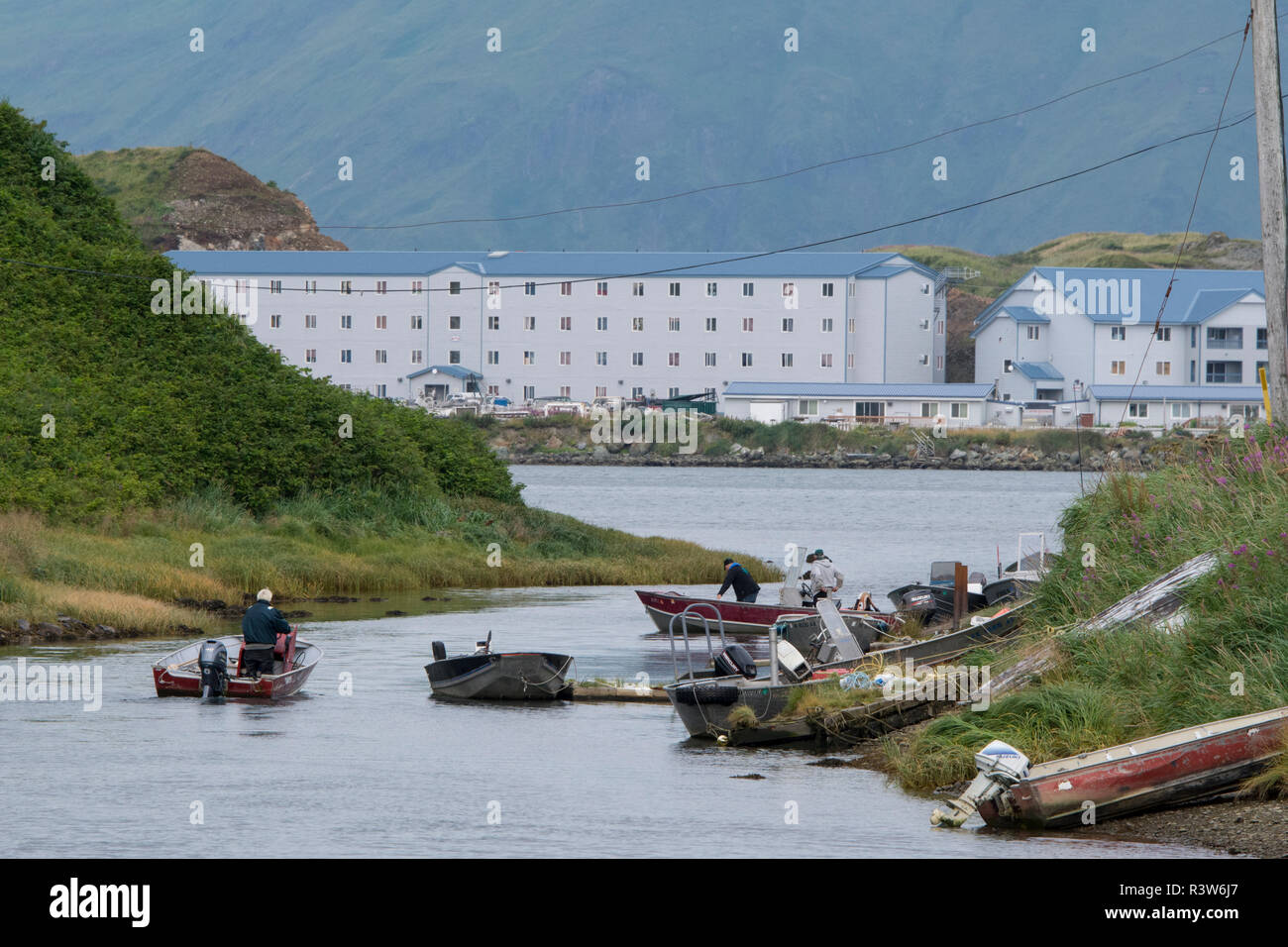 Alaska, Isole Aleutine Isola, Unalaska. La pesca del salmone lungo il fiume Iliuliuk. Foto Stock