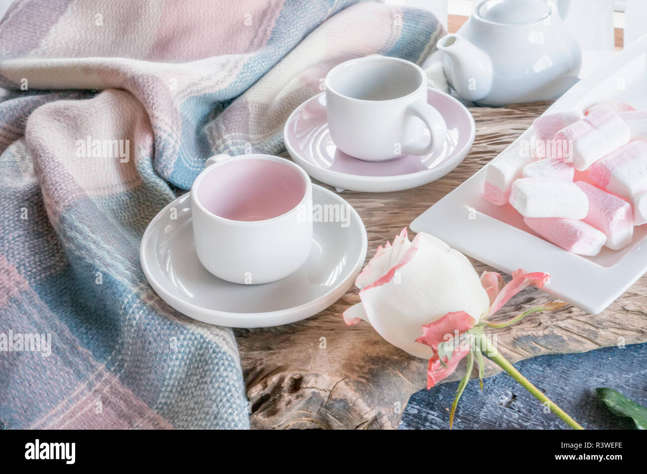 Puro caffè o tè set. Una coppia di raffinata porcellana grigio chiaro e rosa pastello tazze su un sfondo accogliente Foto Stock