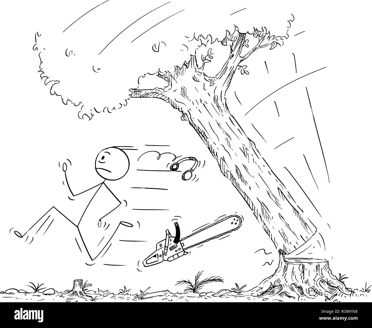 Cartoon di Lumberjack Scappando dalla caduta di albero Illustrazione Vettoriale