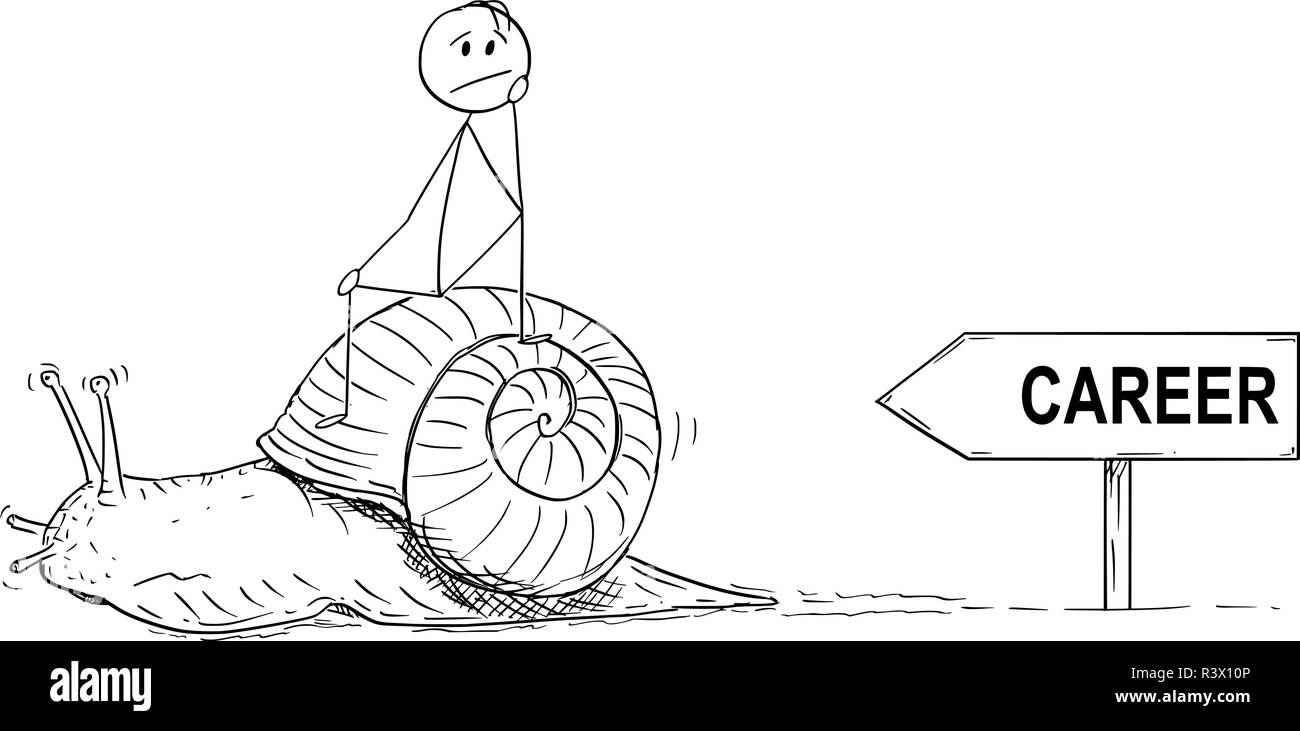 Cartoon di uomo frustrato o imprenditore seduta sul movimento lento lumaca e in attesa di progressi di carriera e di successo Illustrazione Vettoriale