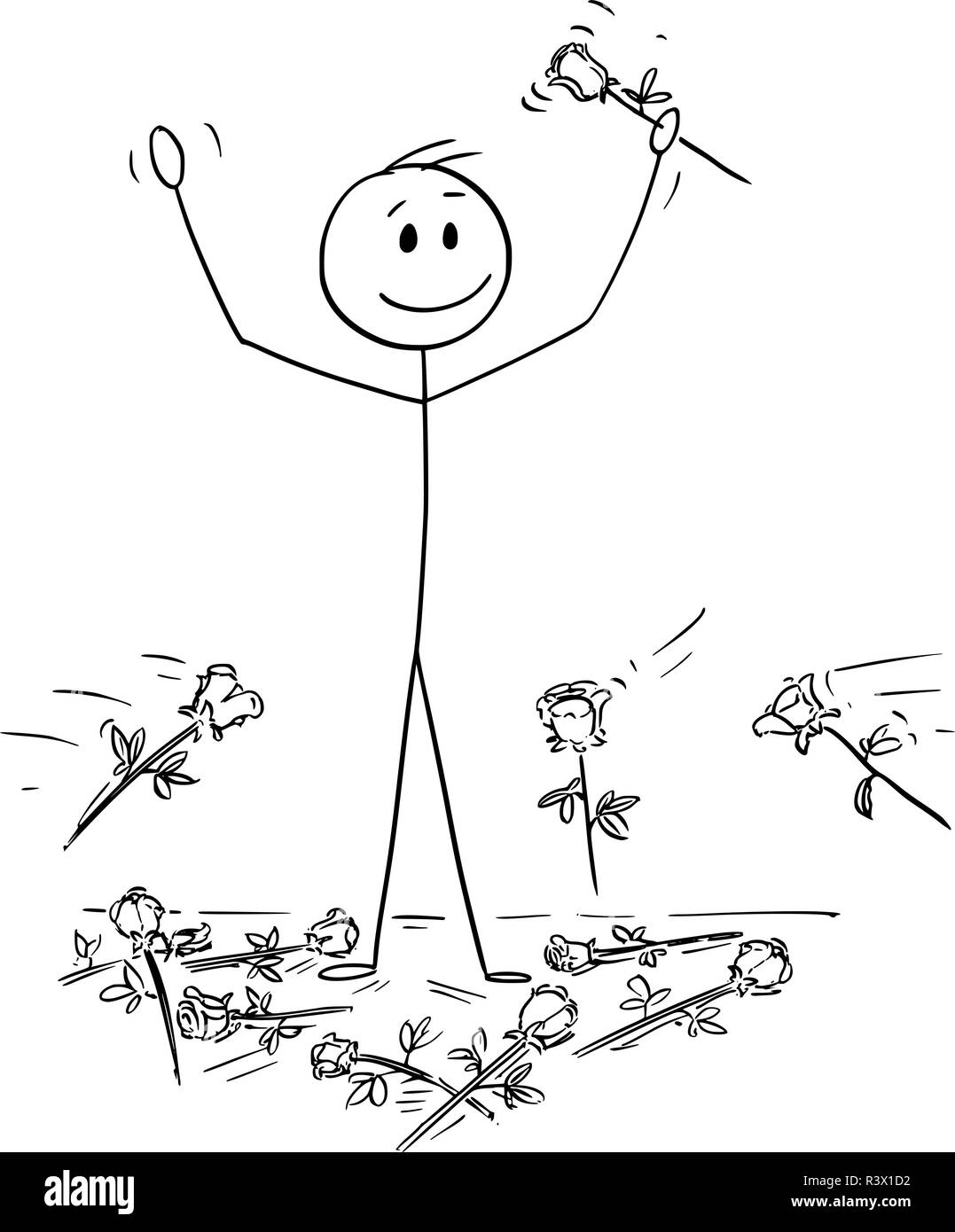 Cartoon dell uomo sul palco a chi è stato dato standing ovation e fiori sono gettati dal pubblico Illustrazione Vettoriale