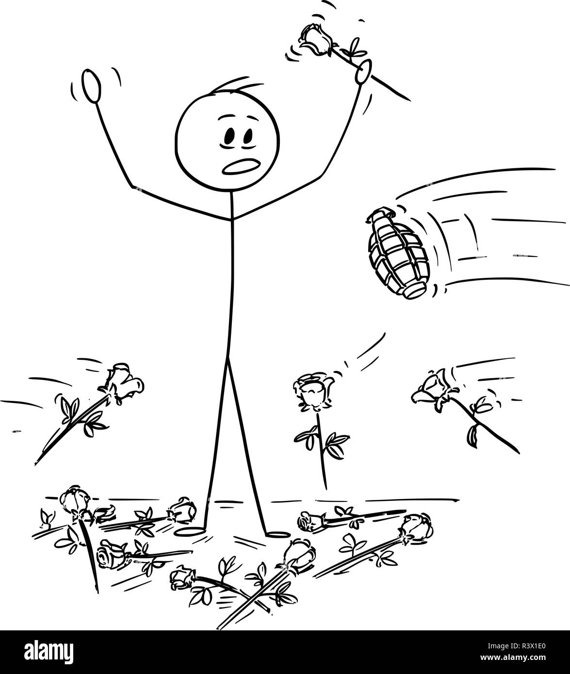 Cartoon dell uomo sul palco che è attaccato da bombe a mano dal pubblico durante la standing ovation Illustrazione Vettoriale