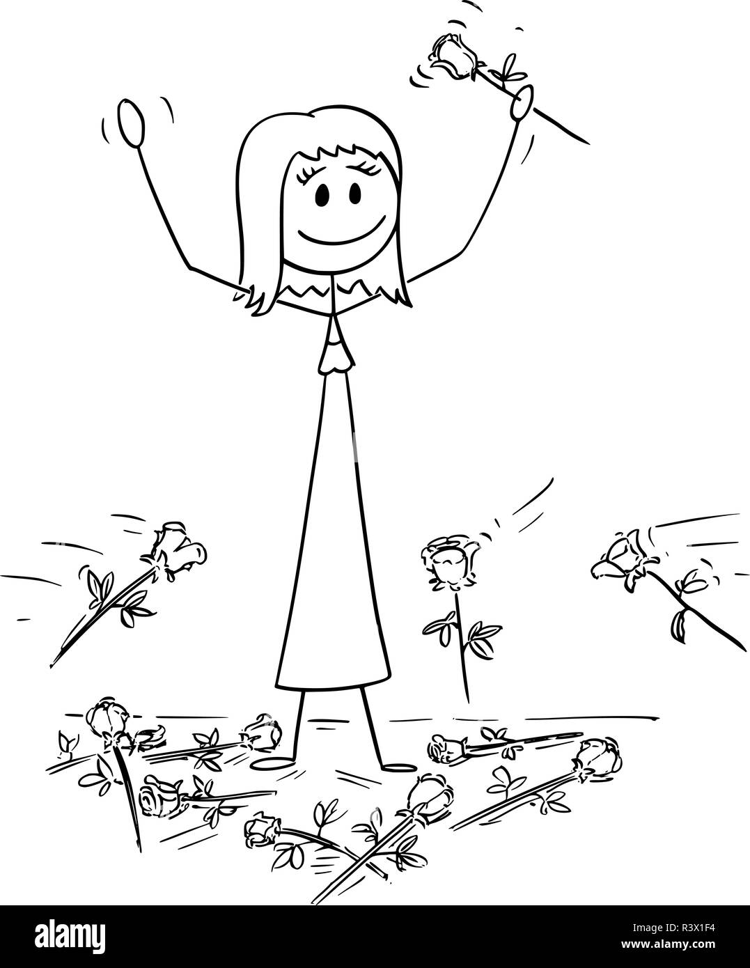 Cartoon di Donna sul palcoscenico per chi era dato standing ovation e fiori sono gettati dal pubblico Illustrazione Vettoriale