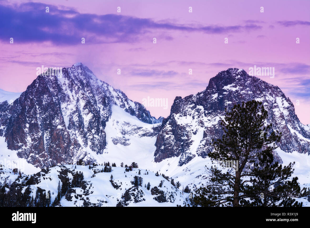 Luce di Alba sul Monte Ritter e Banner Peak, Ansel Adams Wilderness, Sierra Nevada, in California, Stati Uniti d'America Foto Stock
