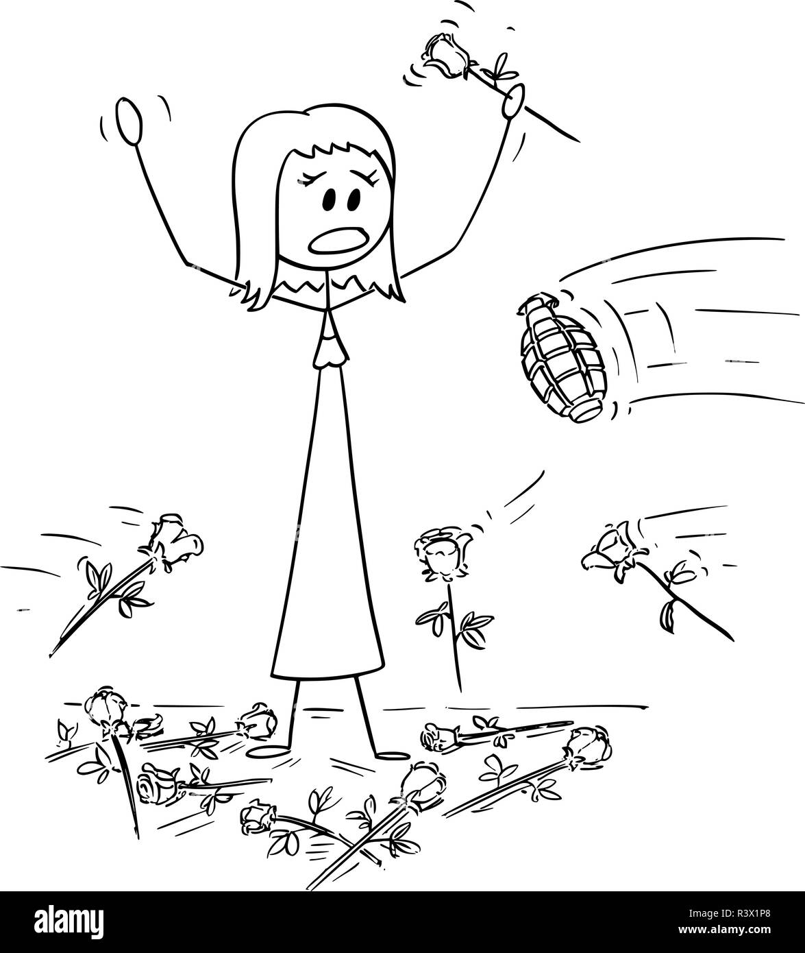 Cartoon di Donna sul palco che è attaccato da bombe a mano dal pubblico durante la standing ovation Illustrazione Vettoriale