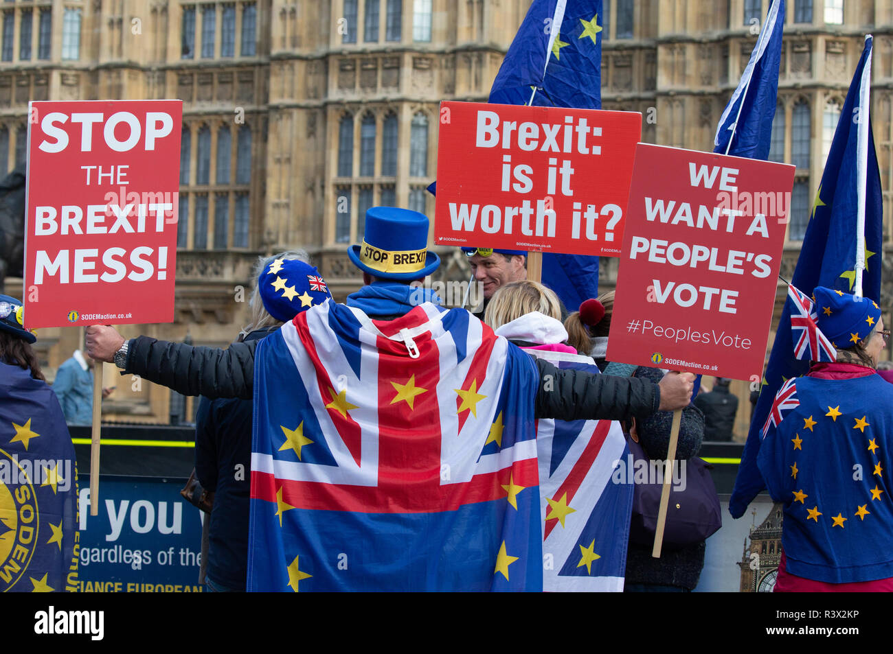 Rimangono i sostenitori di dimostrare al di fuori della sede del Parlamento a Londra.Essi sono contrari alla decisione di lasciare l'UE il 29 marzo 2019 Foto Stock